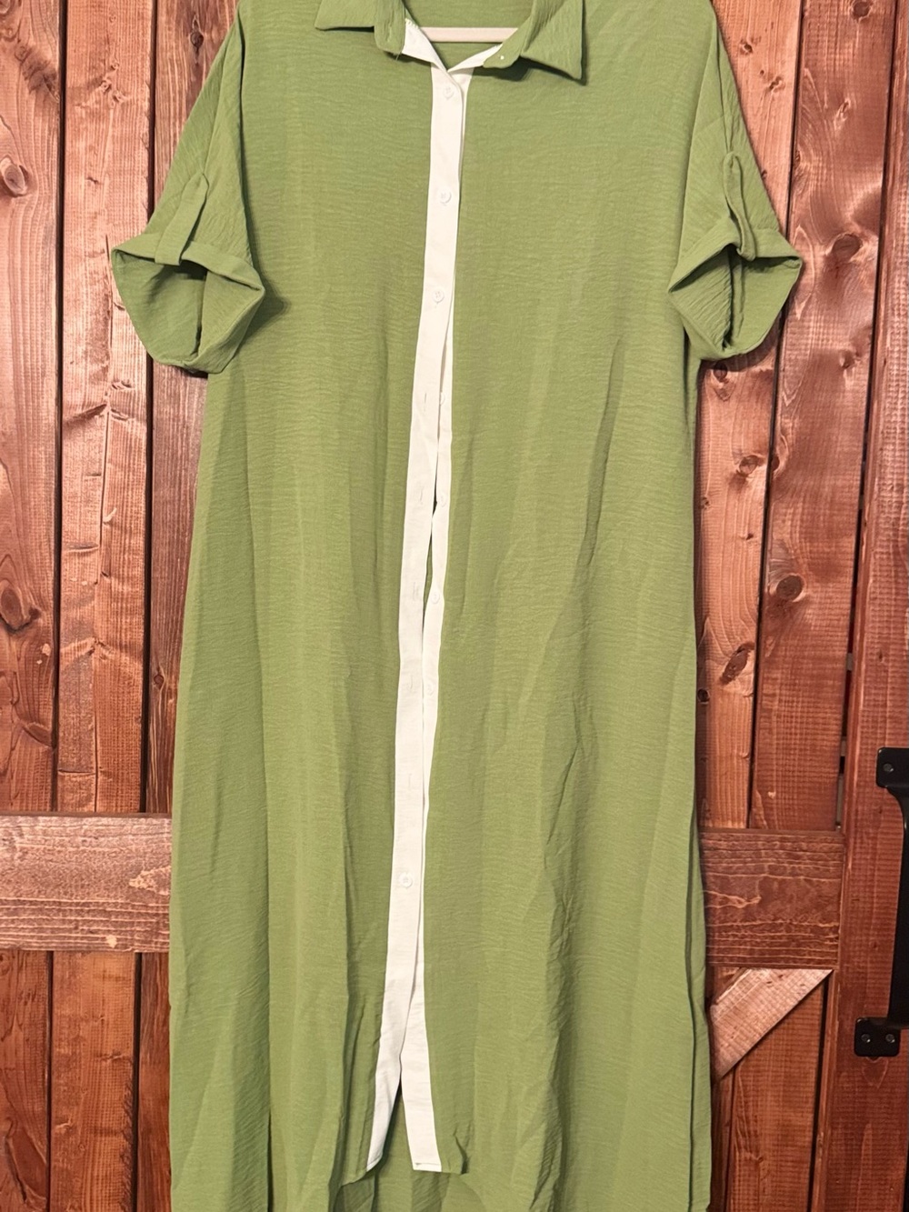 Lightweight Green Button-Front Shirt Dress with White Trim
